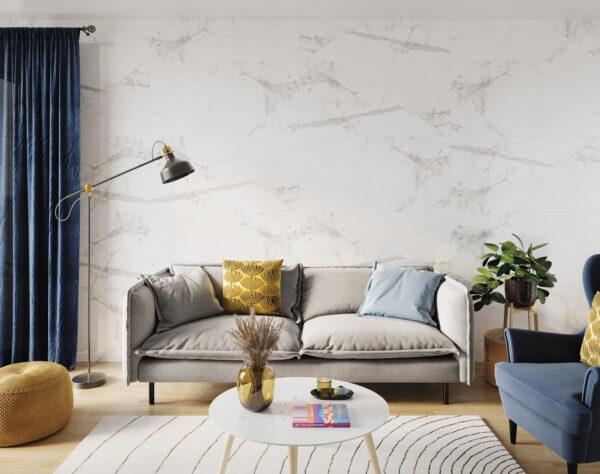 Wall cladding panels in Calacatta Snow colour